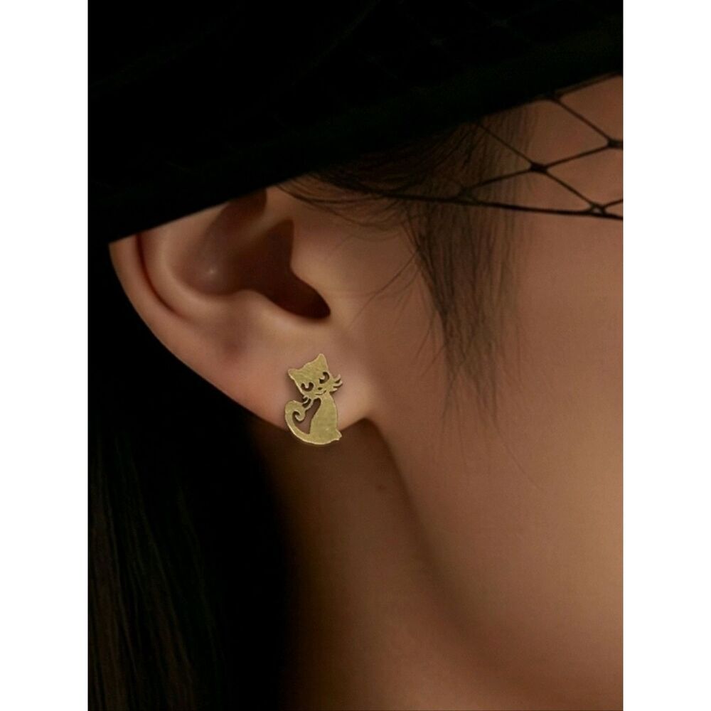 Cat Gold Plated Stainless Steel Earrings Pierced Ears Studs Cat Mom Lady Gift